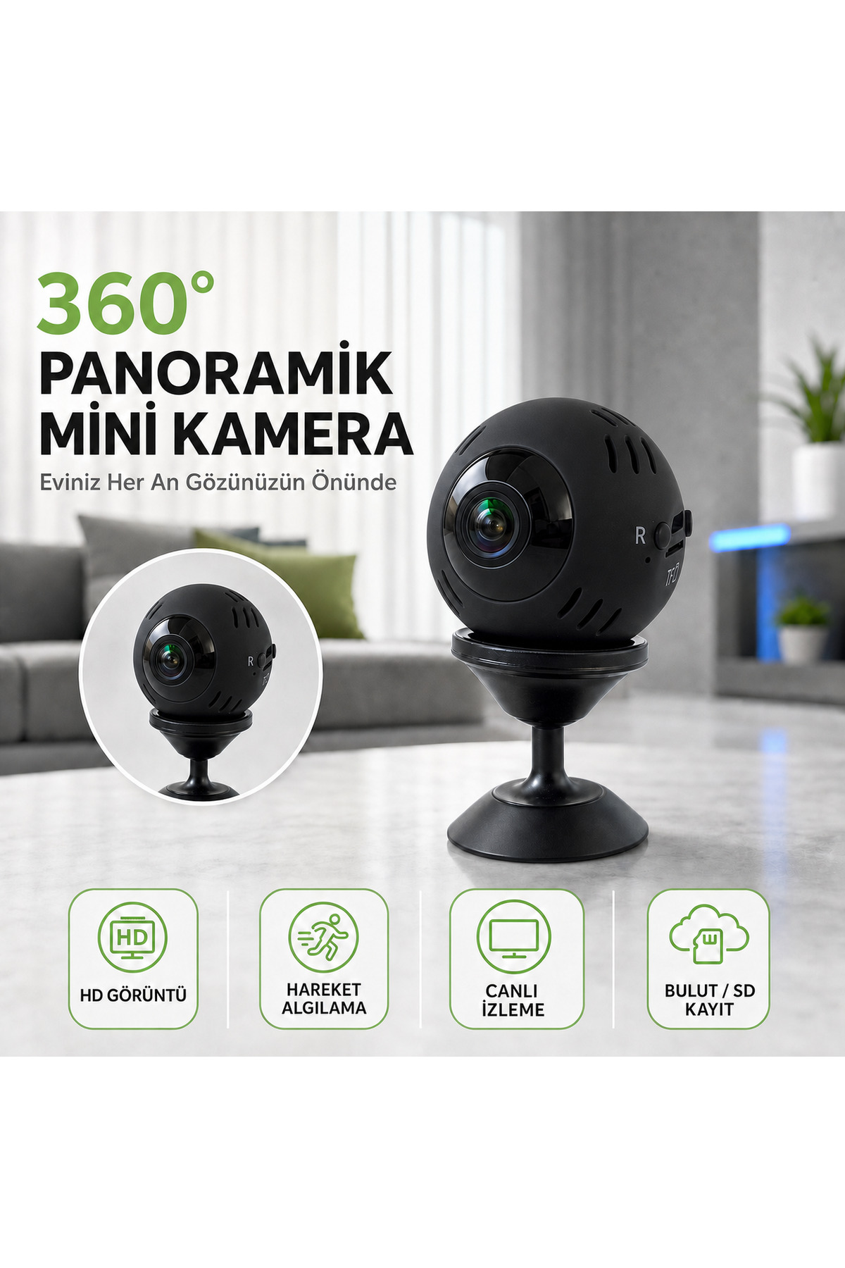 360° Panoramik HD Mini Güvenlik Kamerası – Hareket Algılama, Canlı İzleme ve SD Kart Desteği