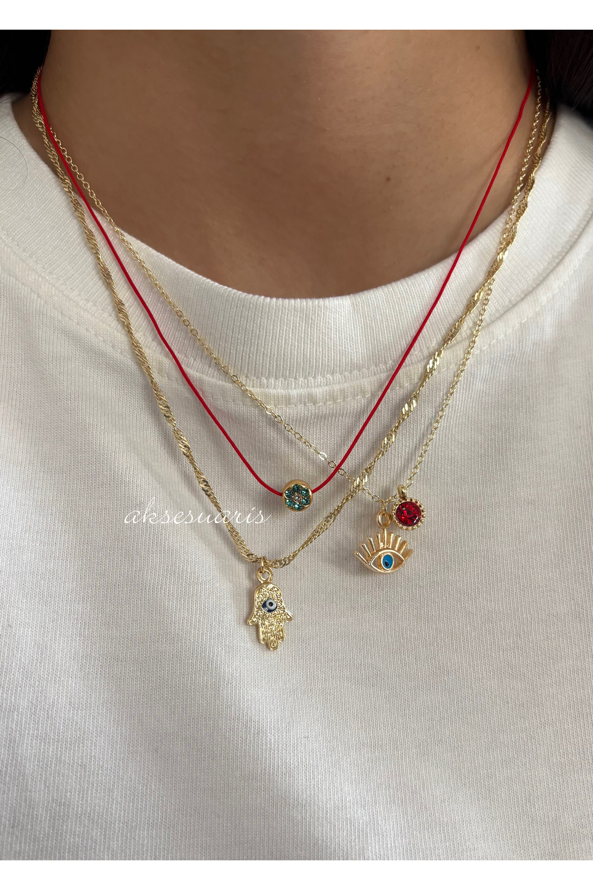 aksesuaris 3'lü Şans Kolyesi Kırmızı İpli Zirkon Charm Gold Kadın Kolye Set