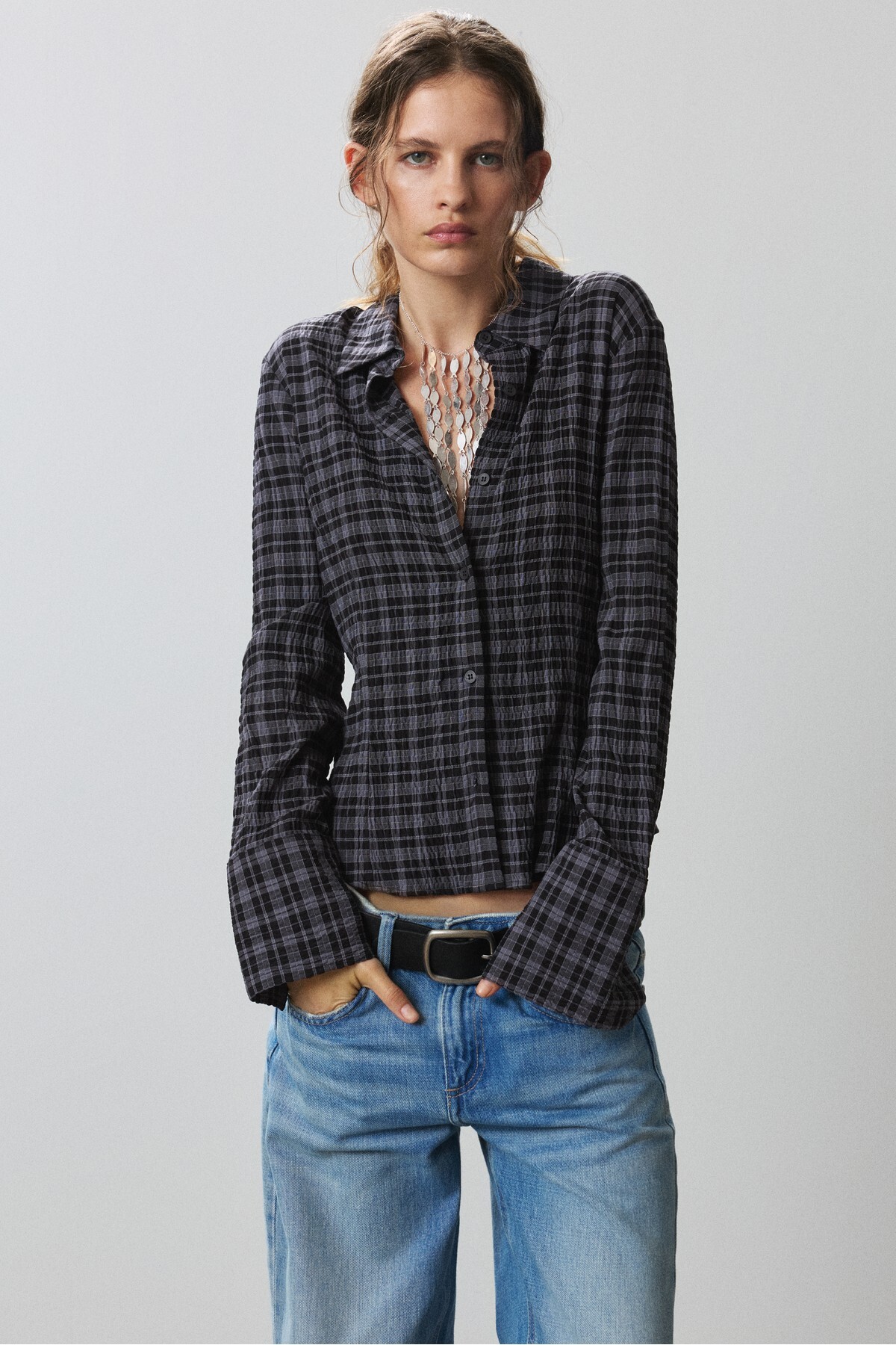 Pull & Bear Kare desenli pensli gömlek görsel 2