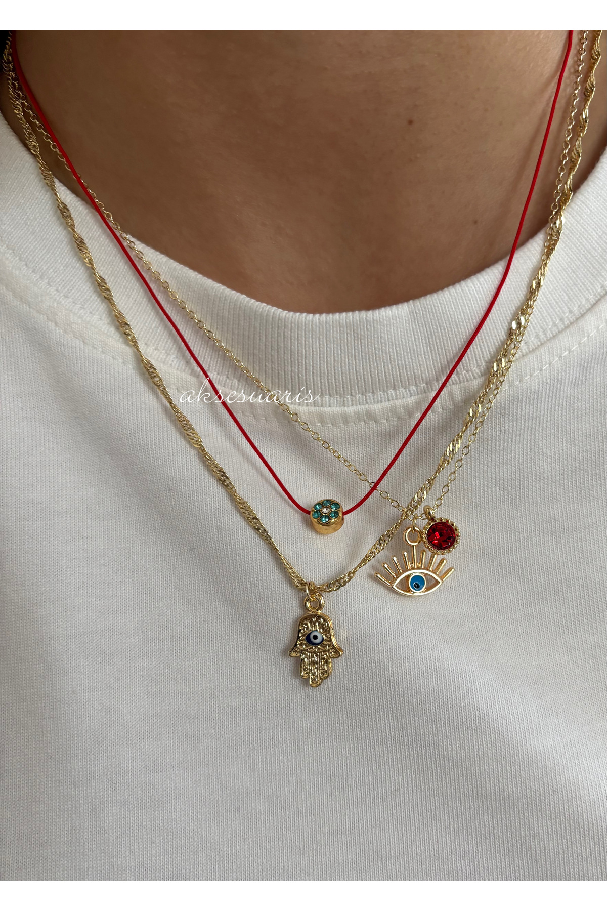 aksesuaris 3'lü Şans Kolyesi Kırmızı İpli Zirkon Charm Gold Kadın Kolye Set görsel 2