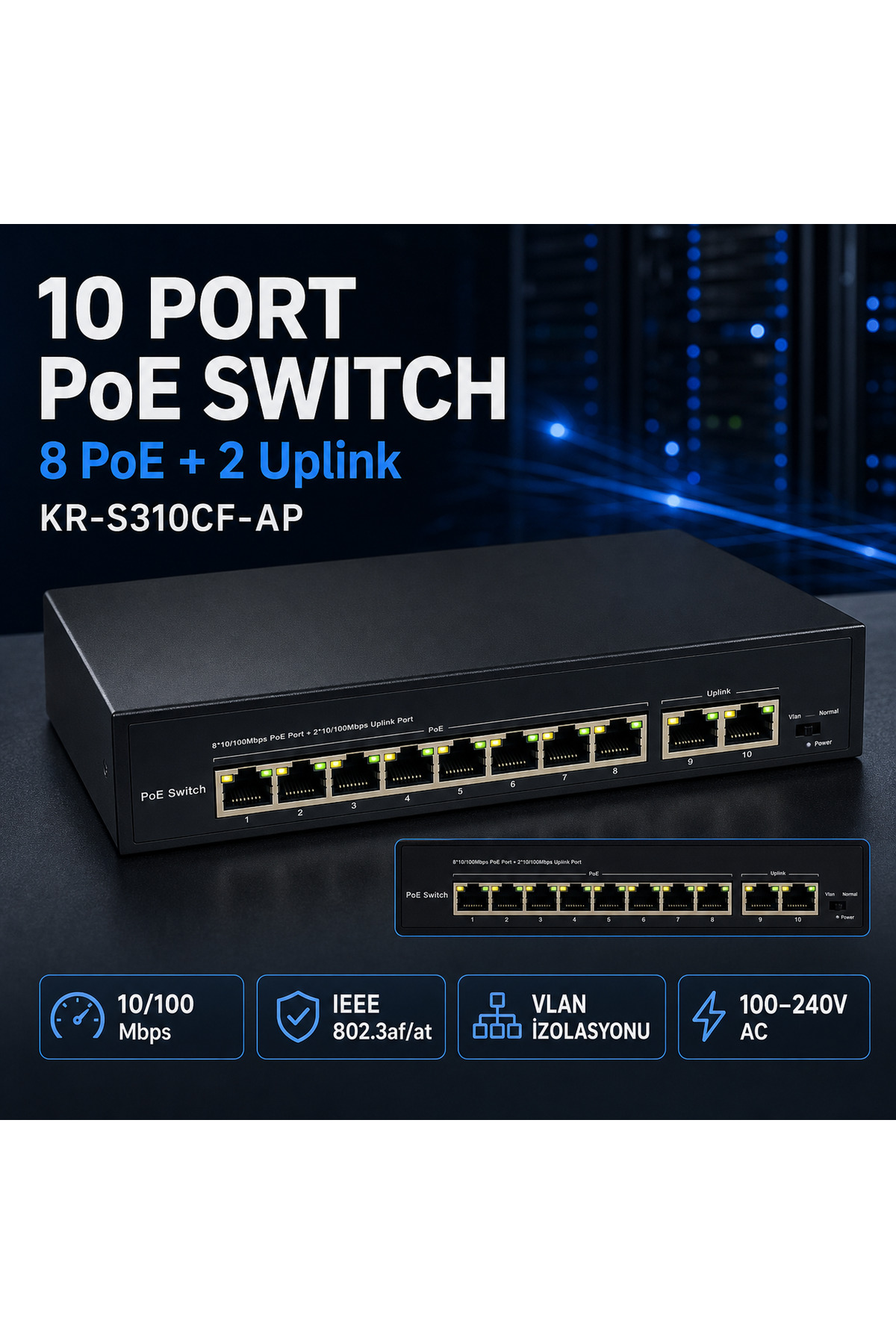 ExitCam EXT-S310CF-AP 8+2 Port 10/100 Mbps POE Switch – 8 POE + 2 Uplink, Vlan Destekli