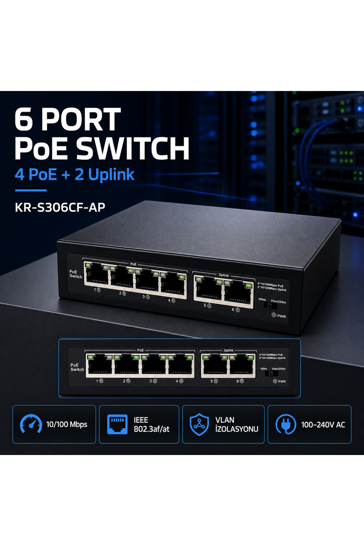 ExitCam EXT-S306CF-AP 4+2 Port 10/100 Mbps POE Switch – 4 POE + 2 Uplink, Vlan Destekli