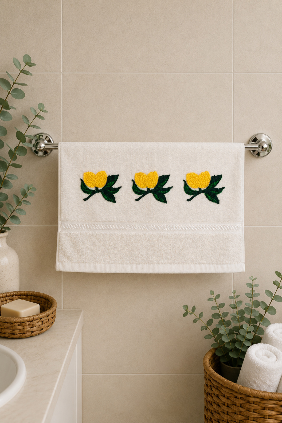 %100 Pamuk Nakışlı El Yüz Havlusu 50x90 cm – Yumuşak Dokulu Dekoratif Havlu