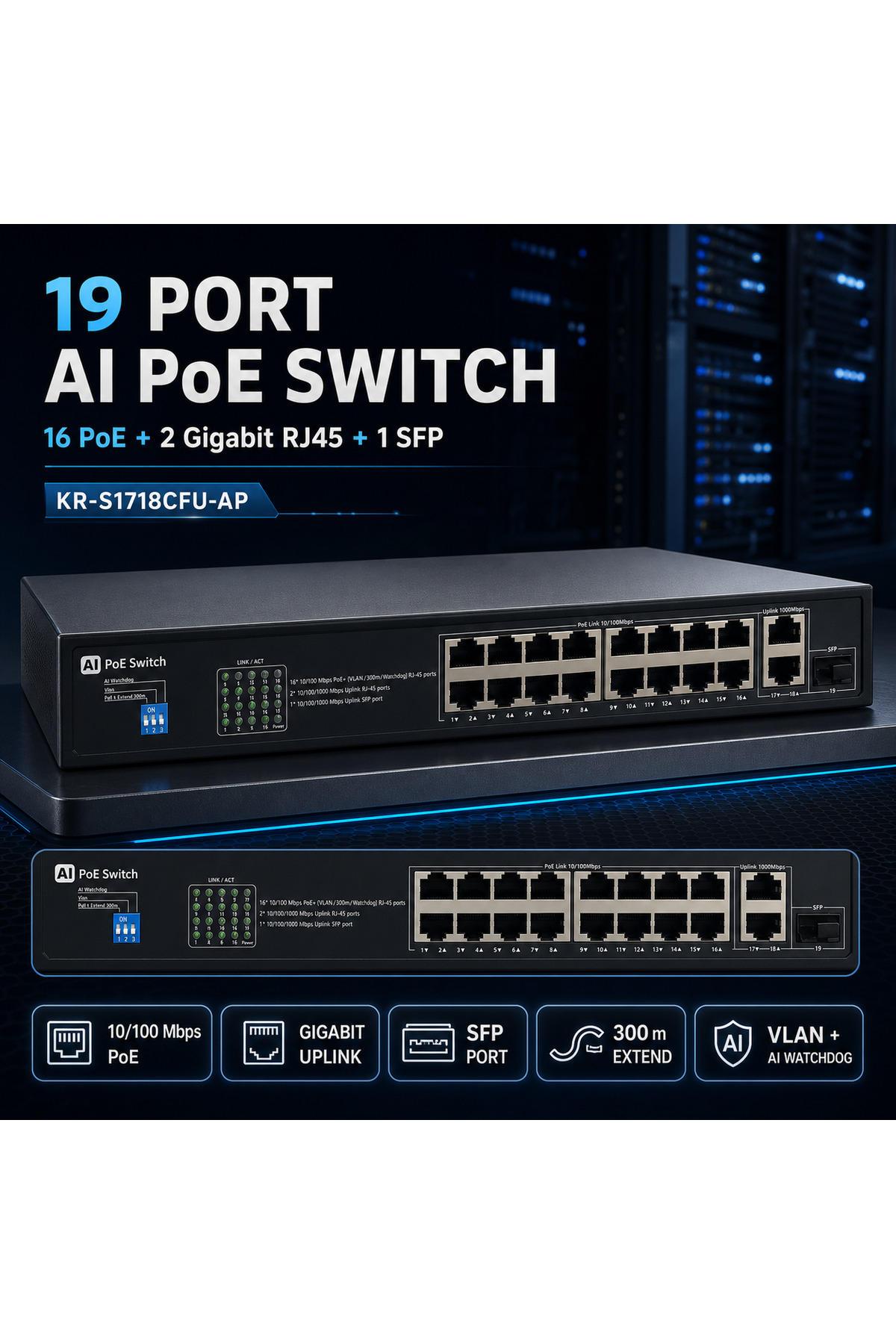 ExitCam EXT-S1718CFU-AP 19 Port Ai POE Switch – 16 Poe, 2 Gigabit RJ45 Uplink Ve 1 Sfp