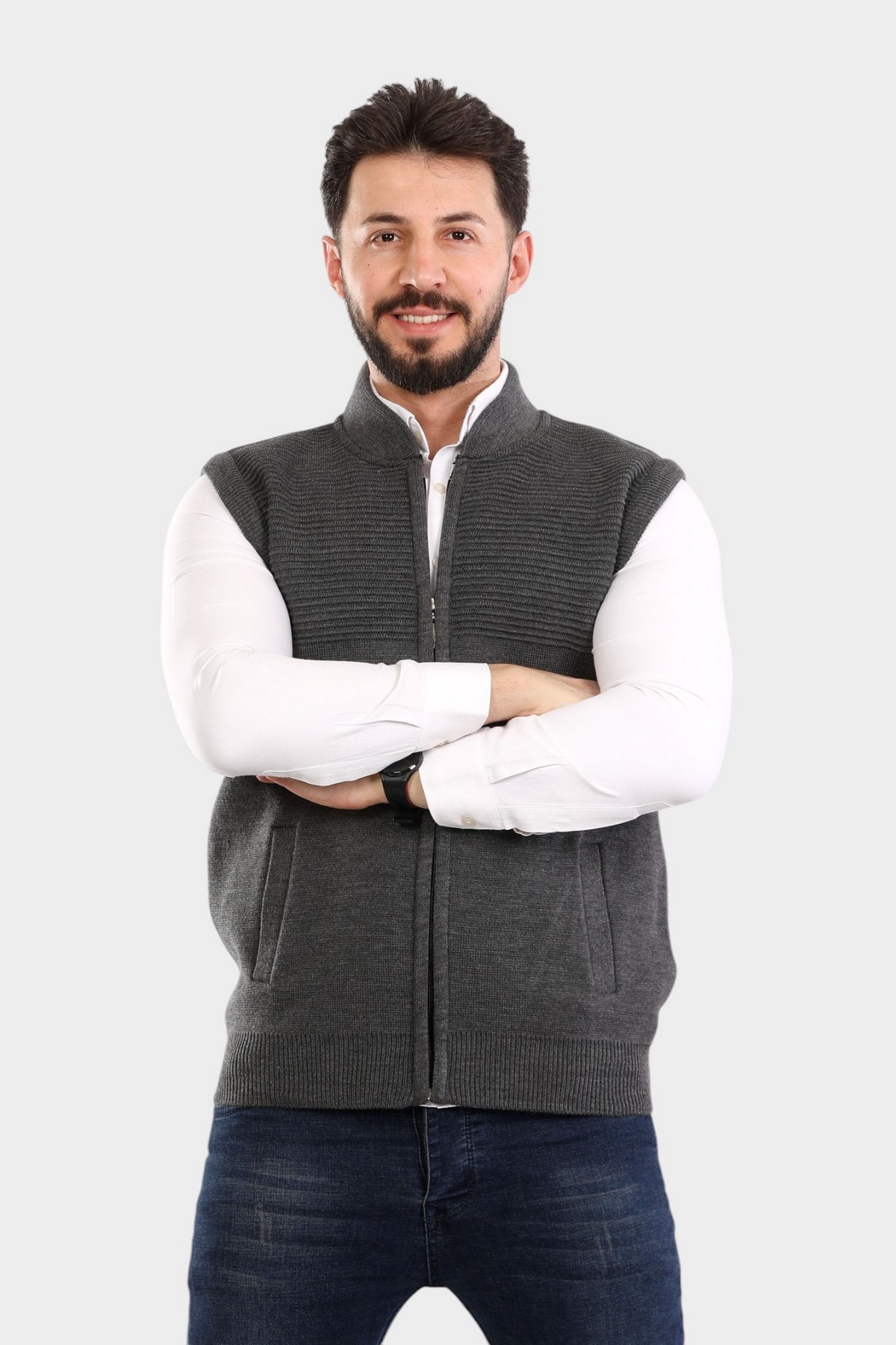 KZC TEKSTİL Erkek Gri Triko Örgü Fermuarlı Yelek Çift Cepli Baba Triko Yelek