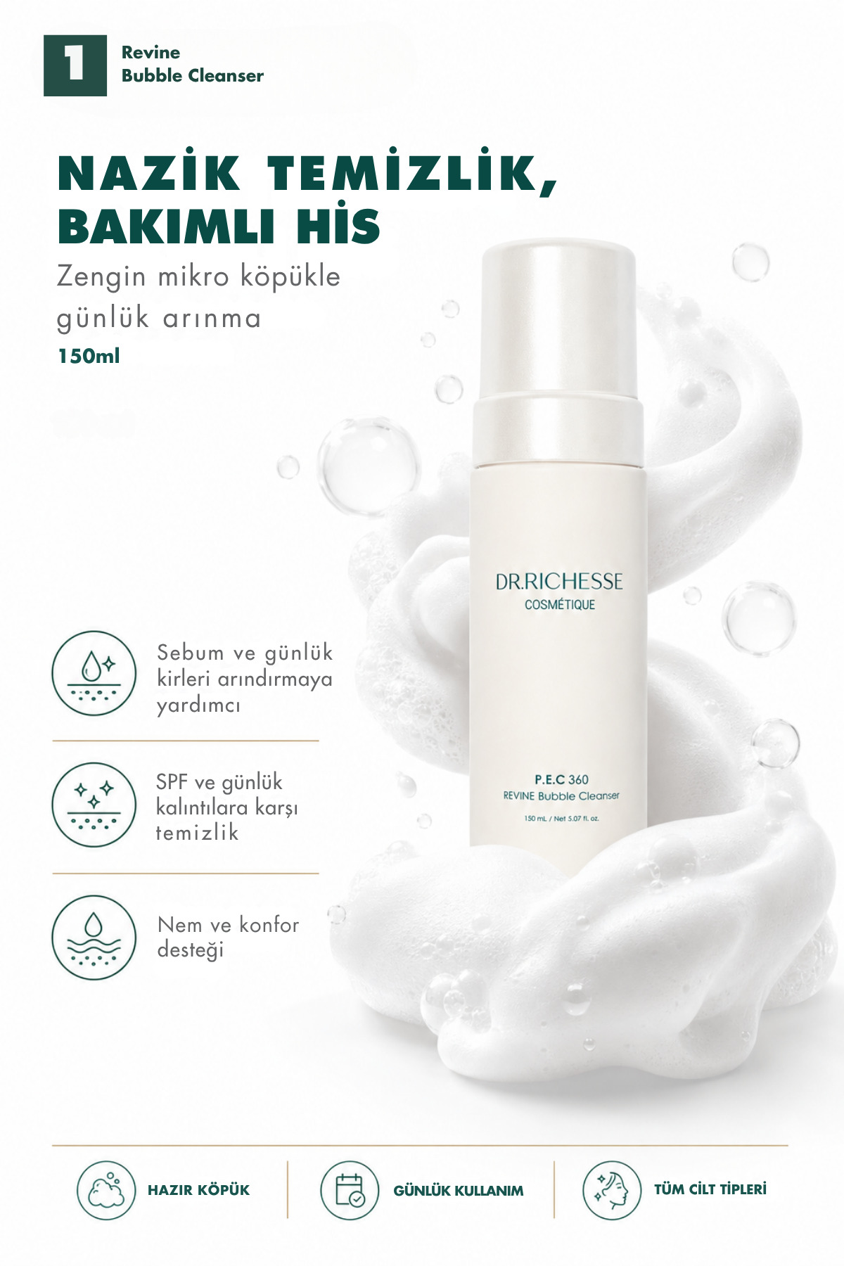 PDRN & Seramid İçeren Yüz Temizleme Köpüğü 150 ml | P.E.C 360 Revine Bubble Cleanser — Dr.Richesse001 — تصویر 2 از 8