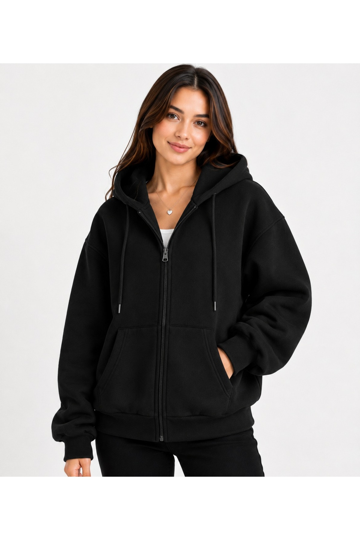 Nacar 3'iplik Kapüşonlu Unisex Fermuarlı Sweatshirt / Hırka — مشکی hırka26