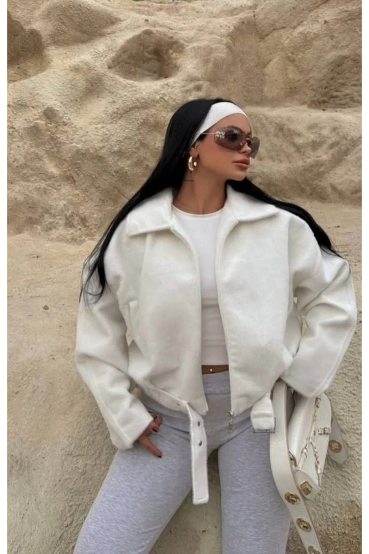 Ekim Store Beyaz Kemerli Bomber Kaşe Ceket görsel 3