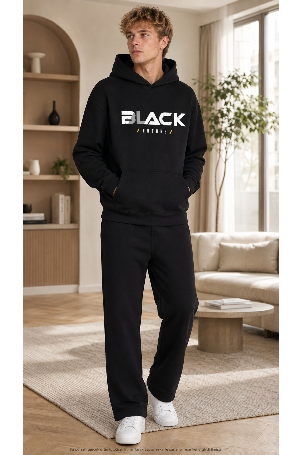 Erkek Black Future Baskılı Eşofman Takımı / Kapüşonlu Kanguru Cepli Sweatshirt ve Düz Paça Alt — مشکی CKTK260801