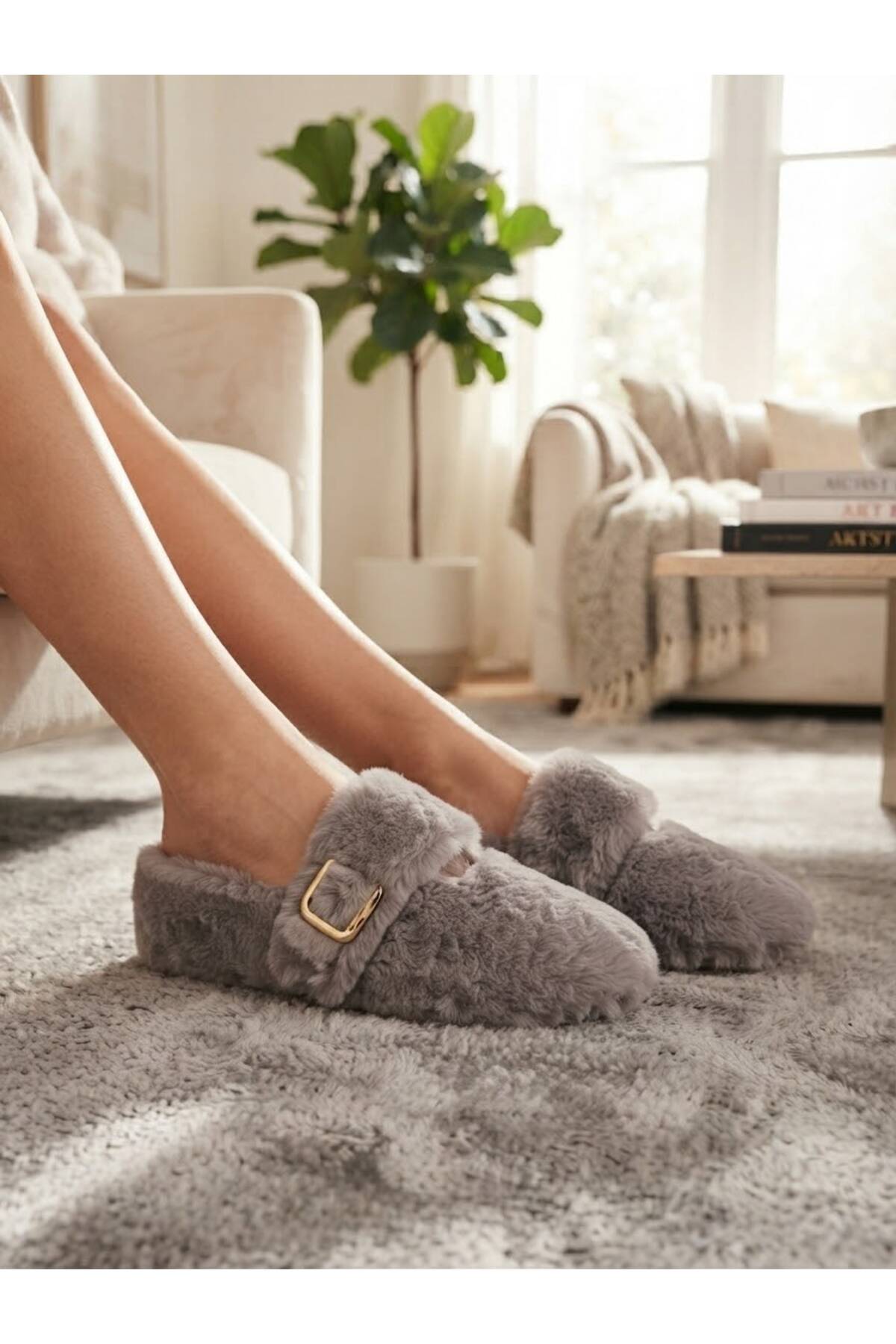 NEW ANGEL 1071 Yumuşak Peluş Kadın Ev Babeti Ses Yapmaz Hafif Taban Panduf Ev Pandufu görsel 3