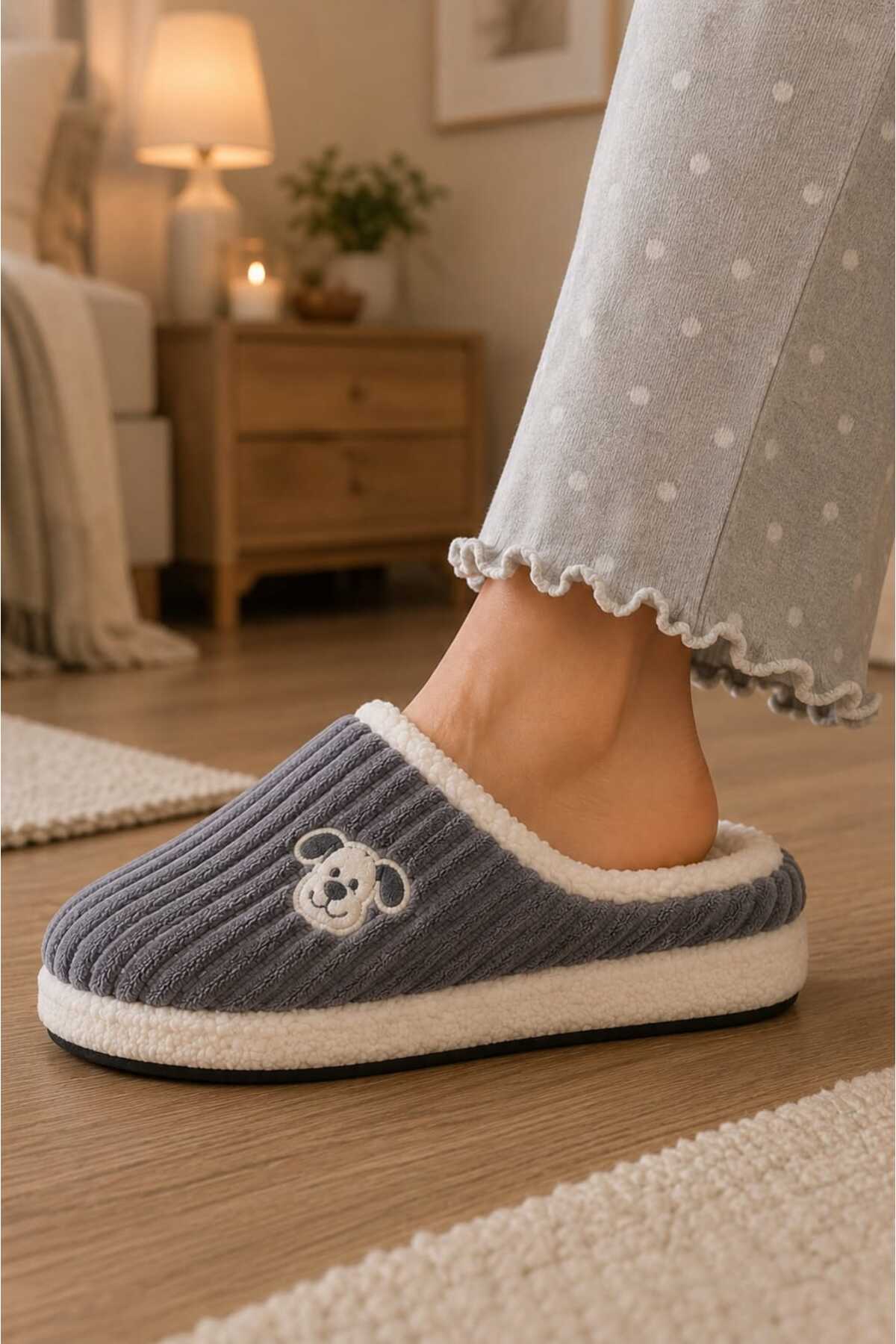 Slipcat Unisex, Fitil Kadife, Sevimli Köpek Figürlü, Kürklü, Yumuşak, Peluş Ev Terliği görsel 3