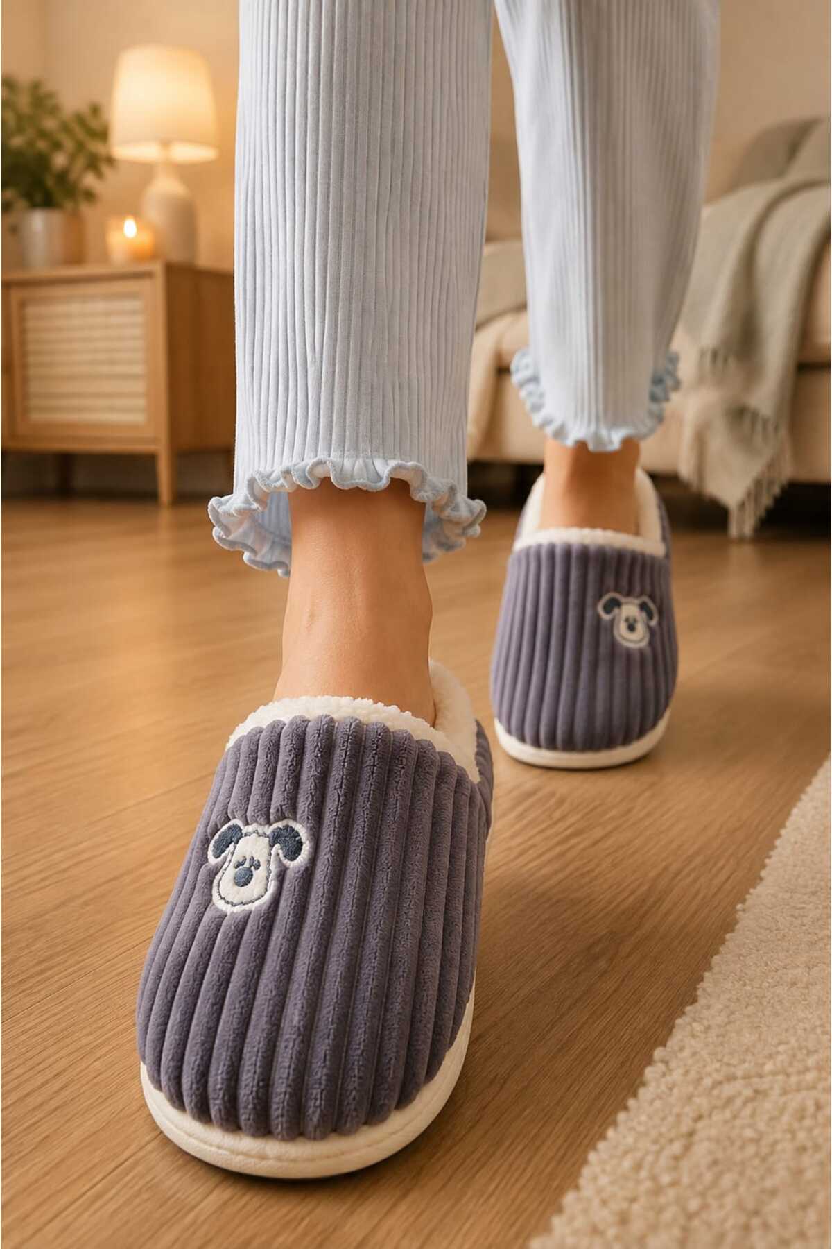 Slipcat Unisex, Fitil Kadife, Sevimli Köpek Figürlü, Kürklü, Yumuşak, Peluş Ev Terliği görsel 2