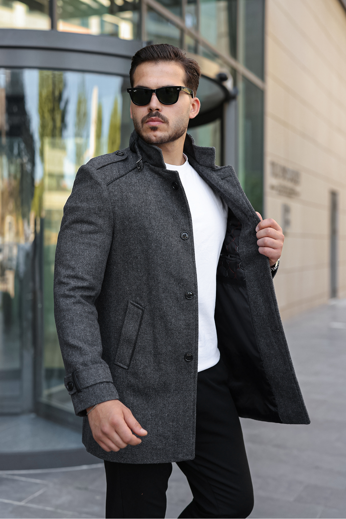 Erkek Slim Kalıp Kaşe Kaban — رنگارنگ 421 — تصویر 2 از 5