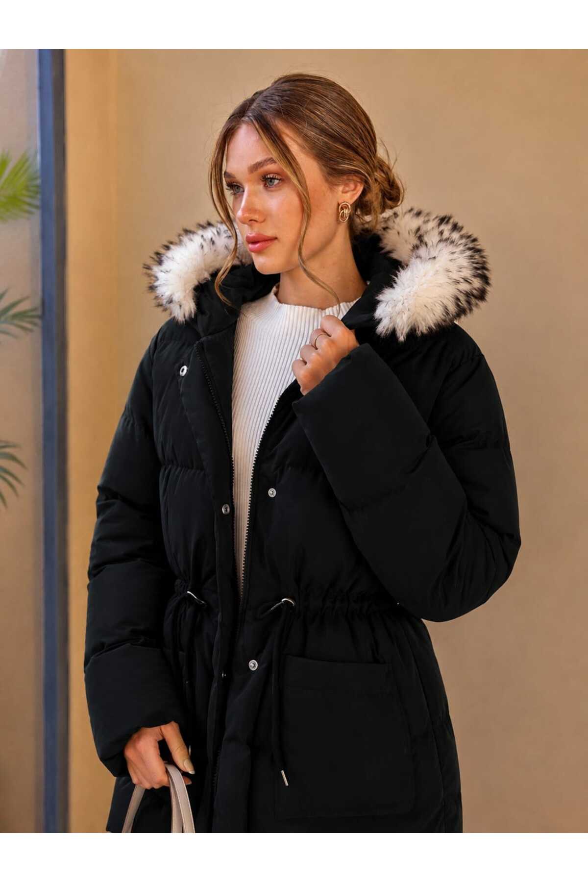 ALANOVA FASHION KADIN CEP DETAYLI KÜRK KAPUŞONLU CHIC MONT görsel 5