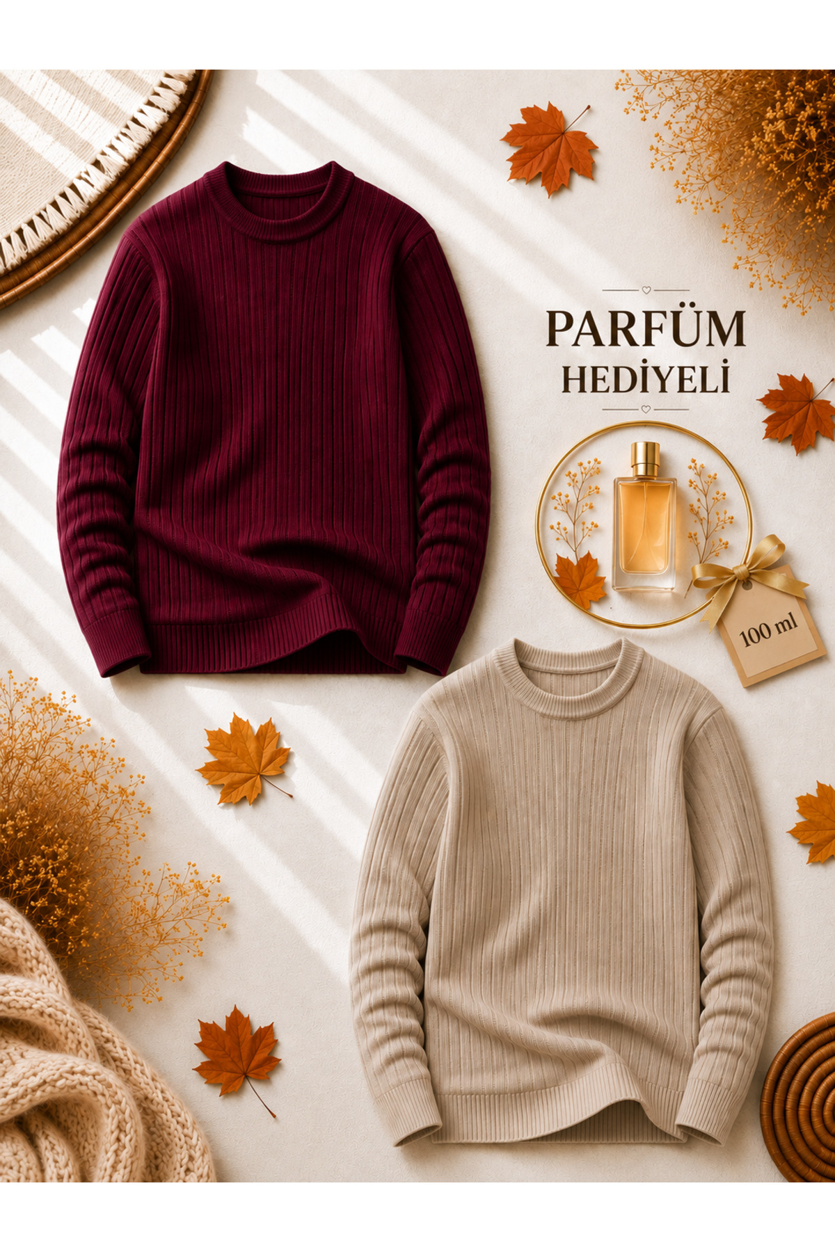 Erkek 2 Adet Fitilli Triko Kazak + 100 ml Parfüm Bisiklet Yaka Slim Fit Kışlık Kazak Seti
