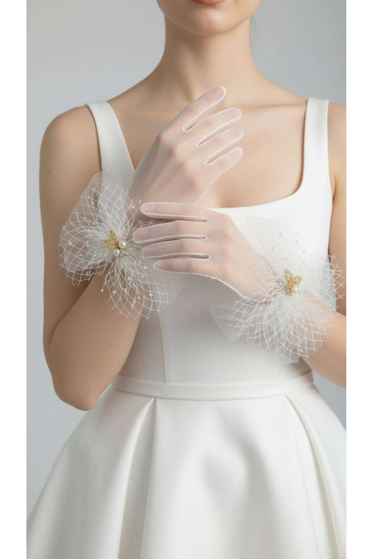 Mortex Beyaz İnci ve Taş Detaylı Tül Fiyonklu Kısa Gelin Eldiveni, Gelinlik, Nikah, Düğün, Nişan, Kına Gecesi, Bekarlığa Veda, Davet ve Fotoğraf Çekimi Aksesuarı