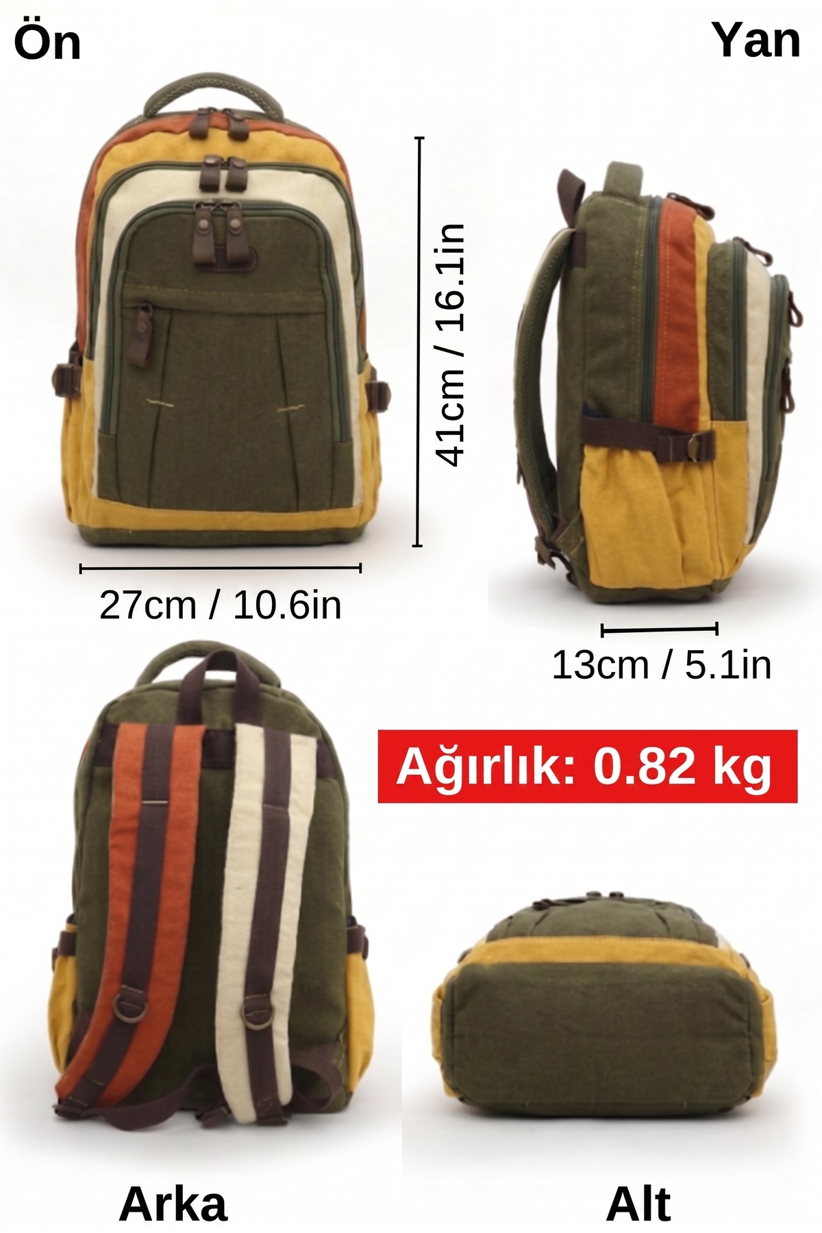 Cappadocia Vintage Haki Krem Sarı Vintage Sırt Çantası, 15.6 İnç Bilgisayar Bölmeli, Geniş Hacimli Hakiki Deri Detaylı Pamuklu Okul ve Seyahat Çantası görsel 2