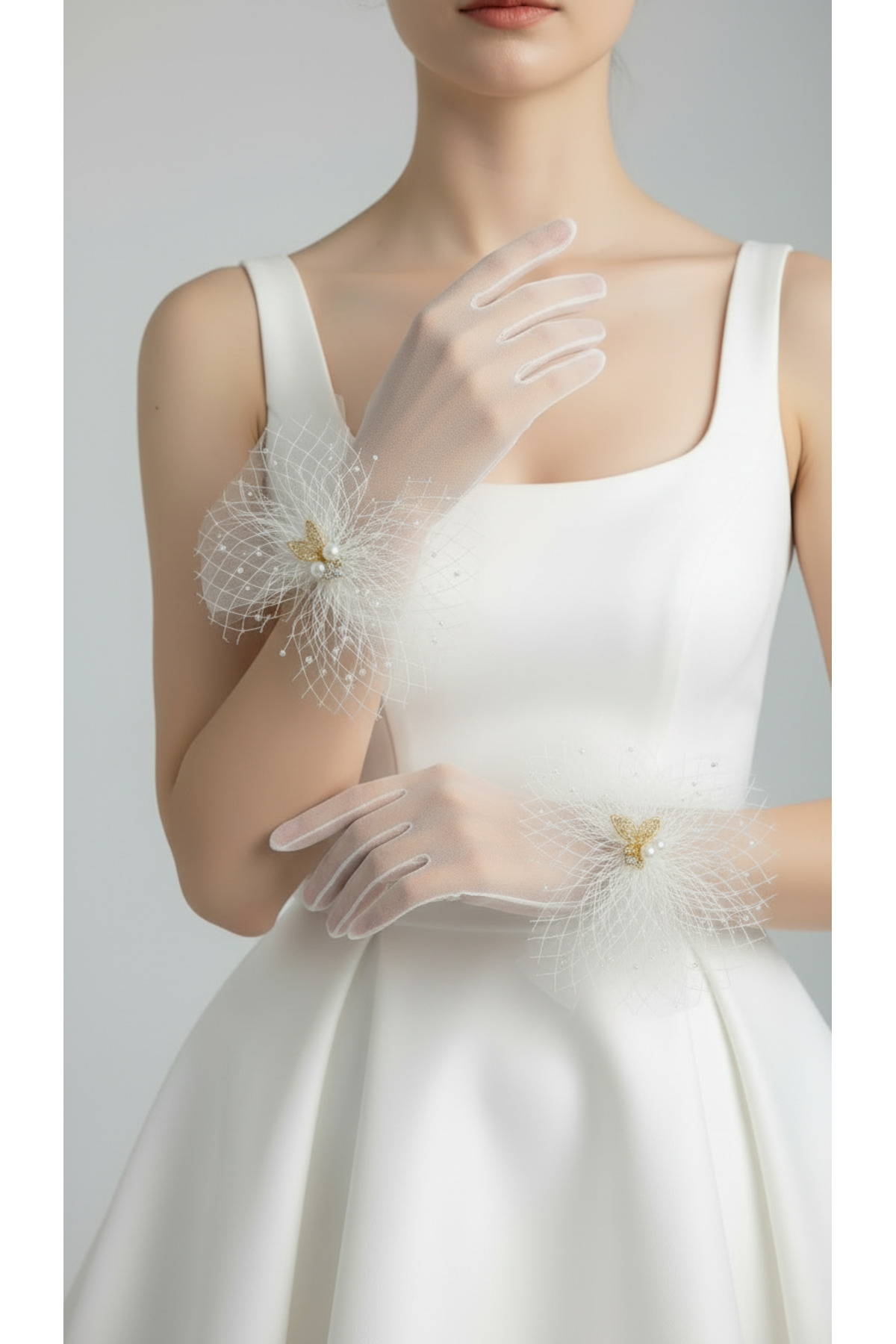 Mortex Beyaz İnci ve Taş Detaylı Tül Fiyonklu Kısa Gelin Eldiveni, Gelinlik, Nikah, Düğün, Nişan, Kına Gecesi, Bekarlığa Veda, Davet ve Fotoğraf Çekimi Aksesuarı görsel 4