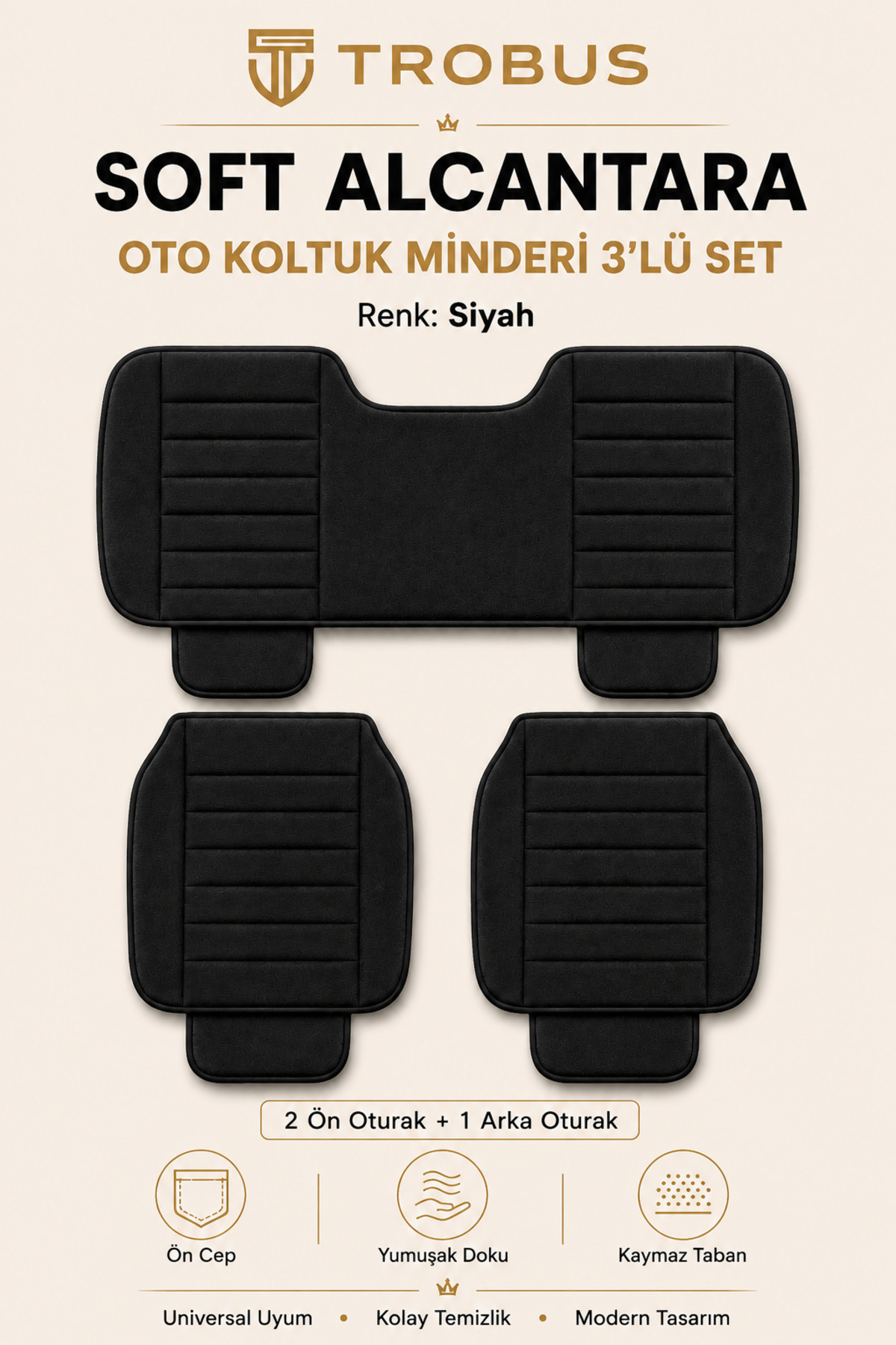 TROBUS Ford Focus Uyumlu Soft Alkantara Çizgili Baby Face Kumaş 3'lü Minder Siyah