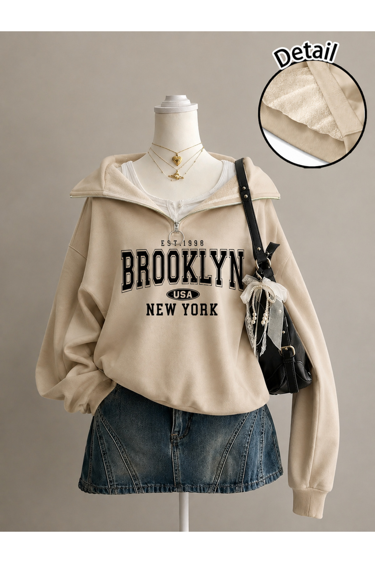 Revasser Unisex Erkek/Kadın BROOKLYN1998 Özel Baskılı Renkli Dik Yaka Yarım Fermuarlı Pamuklu Oversize Sweatshirt