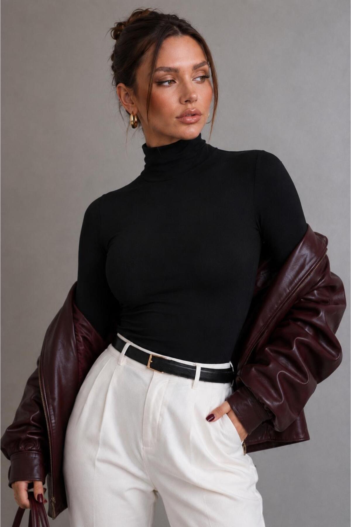 MODiSCHO Kadın Dik Yaka Slim Fit Parmak Geçmeli Ultra Soft Yumuşak Esnek Likralı Pamuklu Basic Body&Bluz görsel 2