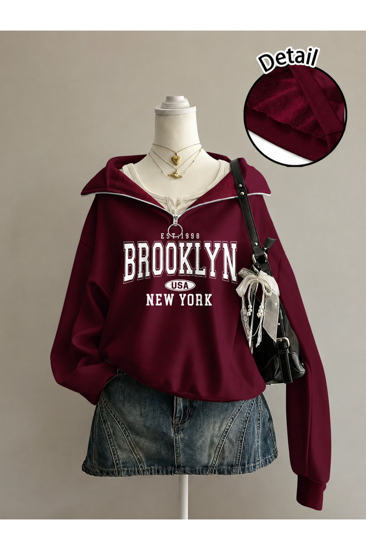 Unisex Erkek/Kadın BROOKLYN1998 Özel Baskılı Renkli Dik Yaka Yarım Fermuarlı Pamuklu Oversize Sweatshirt