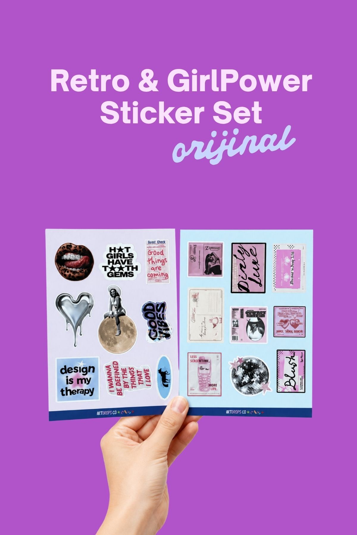 2’li Retro Sticker Seti – Pembe Girl Power Laptop, Defter ve Ajanda Stickerları