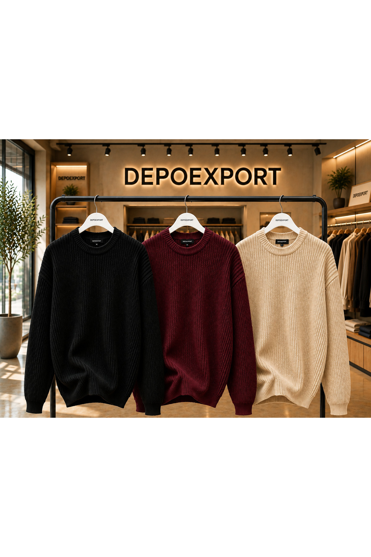 DepoExport Erkek 3'lü Bisiklet Yaka Oversize Triko Kazak Yumuşak Örme Kazak