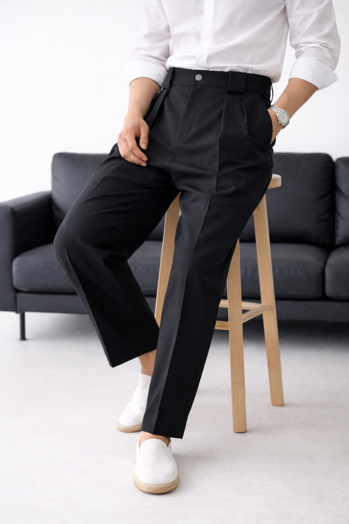 urban wear URBAN ERKEK SİYAH Çift Pileli Yüksek Bel İtalyan Kesim Kumaş Pantolon -2628 görsel 2