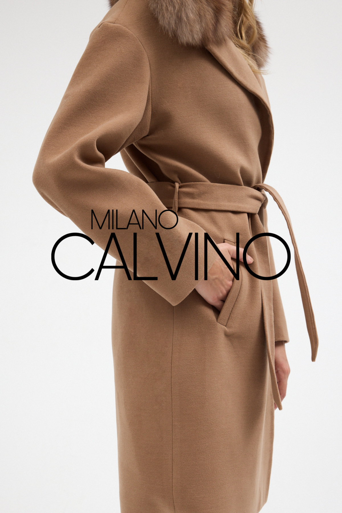 Milano Calvino CASH MEDIO, KAŞMİR KAŞE KÜRK YAKALI KEMERLİ PALTO görsel 6