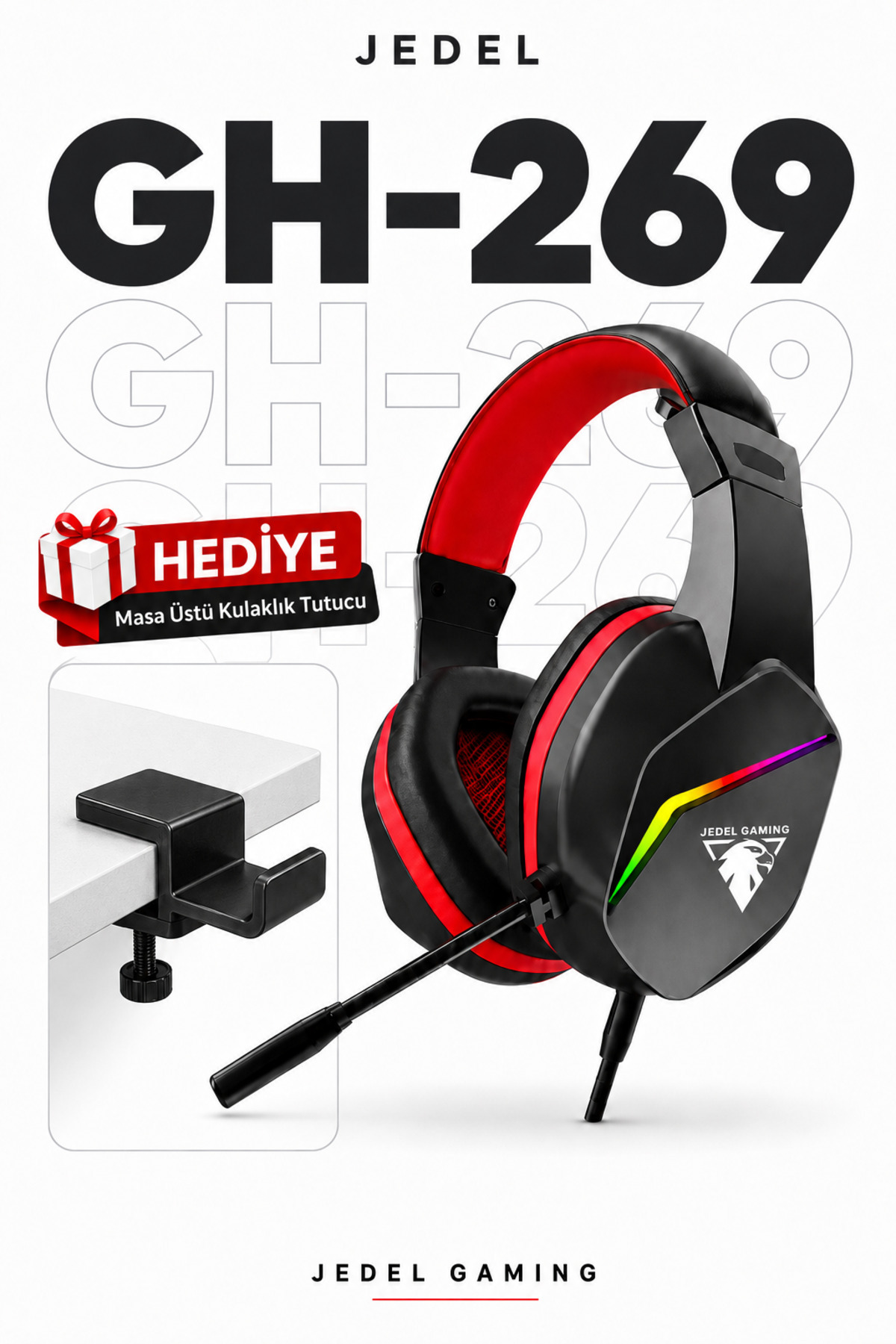 Genel Markalar Jedel GH-269 7.1 USB RGB Mikrofonlu Oyuncu Kulaklığı 40 mm + Masa Kenarı Kulaklık Tutucu Hediyeli