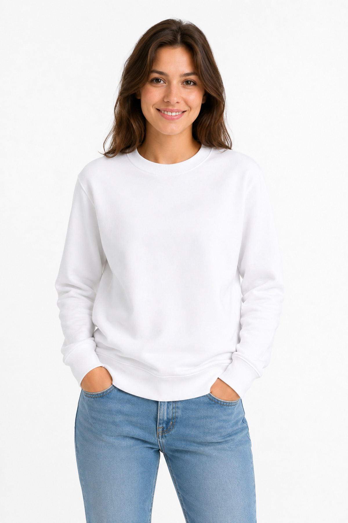 Unisex Beyaz Basic Bisiklet Yaka Uzun Kollu Sweatshirt Beyaz · Fotoğraf 3