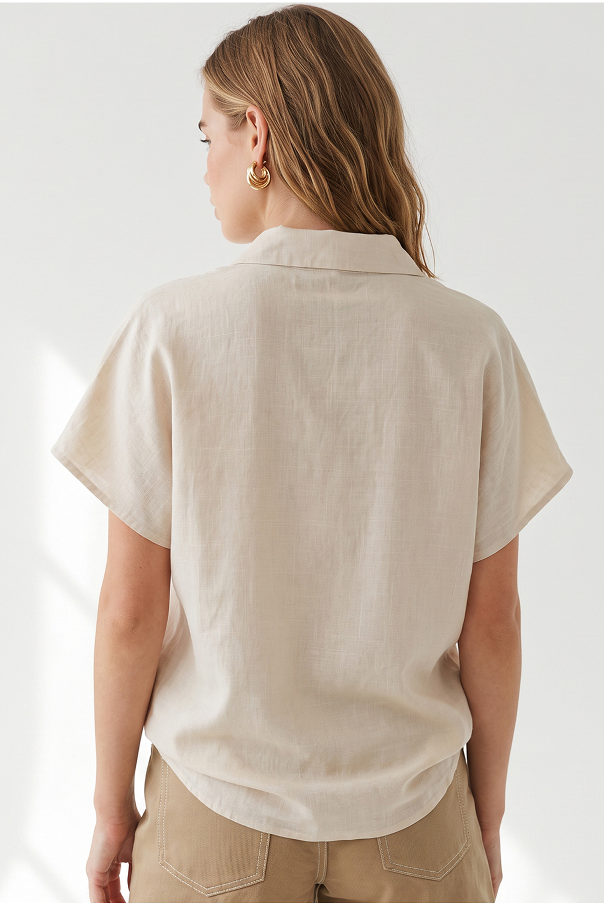 Olalook Kadın Bej Yarasa Oversize Keten Gömlek GML-19001109 görsel 6