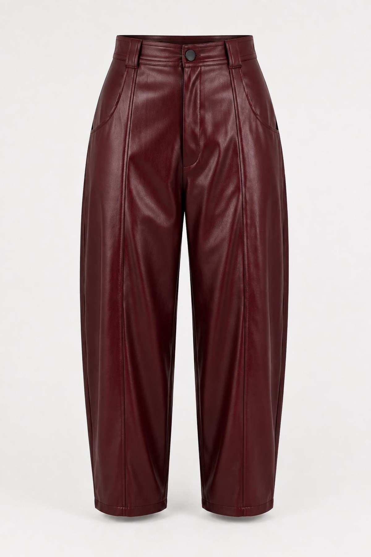 Grenj Fashion Bordo Yüksek Bel Barrel Boru Paça Suni Deri Pantolon görsel 7