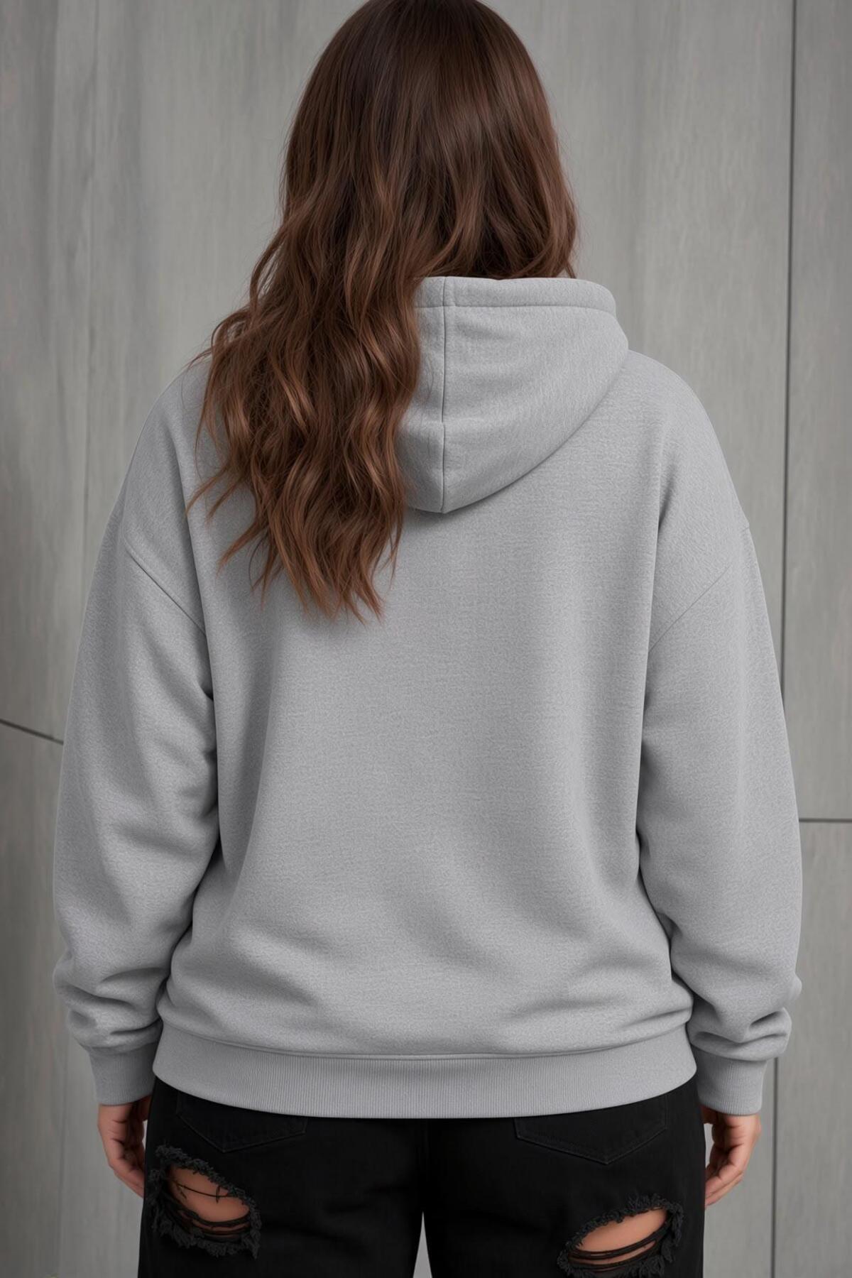 Oksit Bery Kadın Büyük Beden Battal Basic Kapüşonlu İki İplik Pamuklu Sweatshirt Rahat Kesim Unisex Sevgil görsel 2