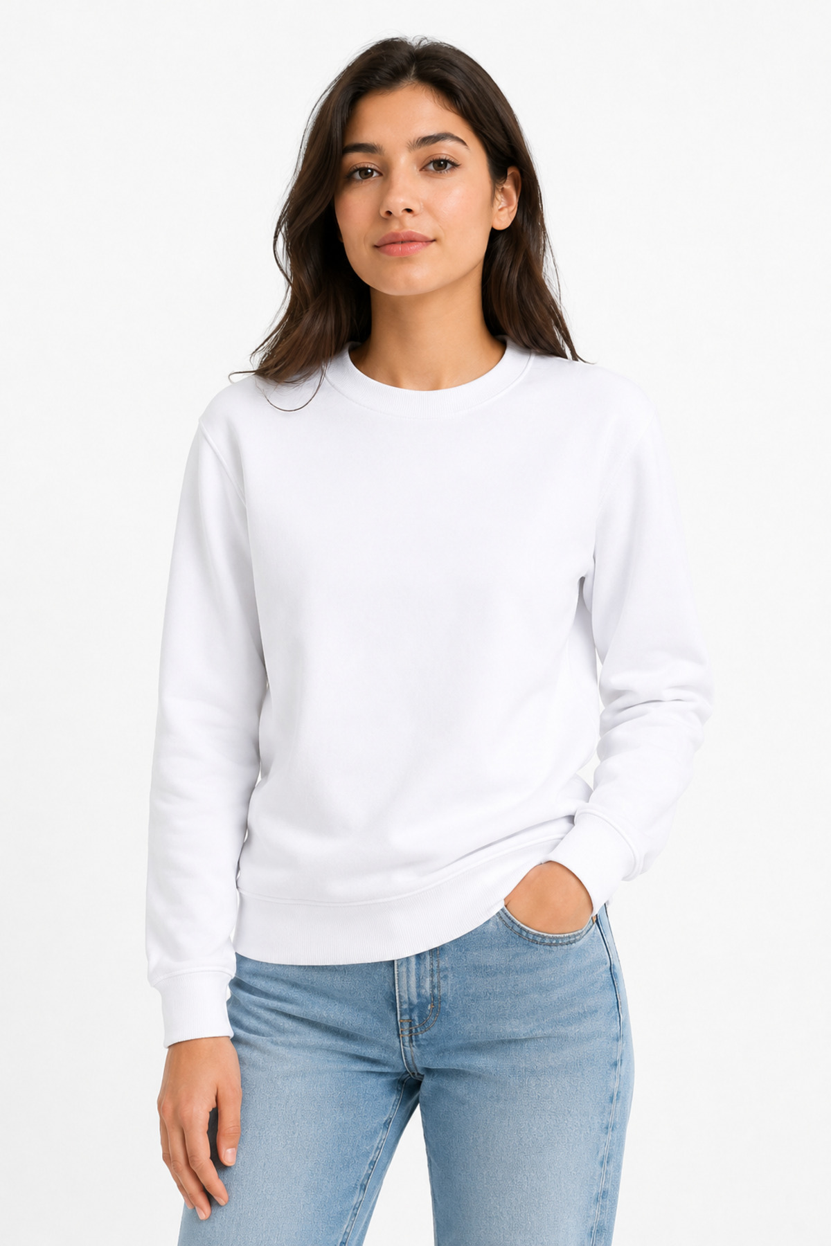 Unisex Beyaz Basic Bisiklet Yaka Uzun Kollu Sweatshirt Beyaz
