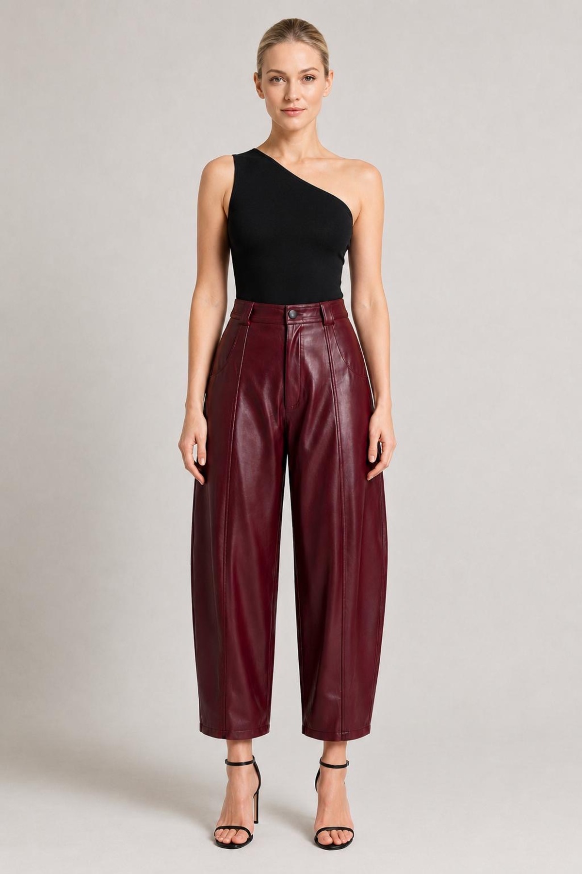 Grenj Fashion Bordo Yüksek Bel Barrel Boru Paça Suni Deri Pantolon görsel 5