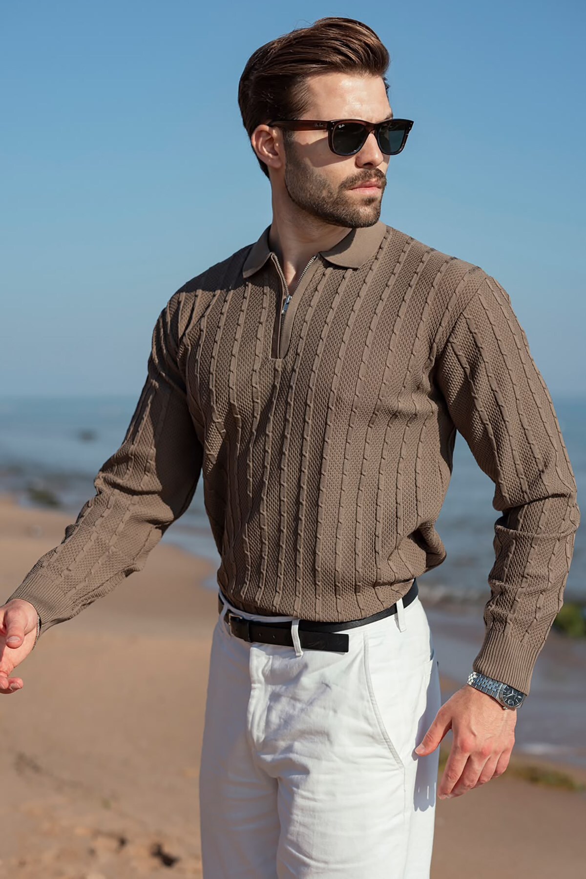 Açık Kahverengi Polo Yaka Örgü Desenli Triko Erkek Kazak E7507 — قهوه‌ای — تصویر 2 از 6