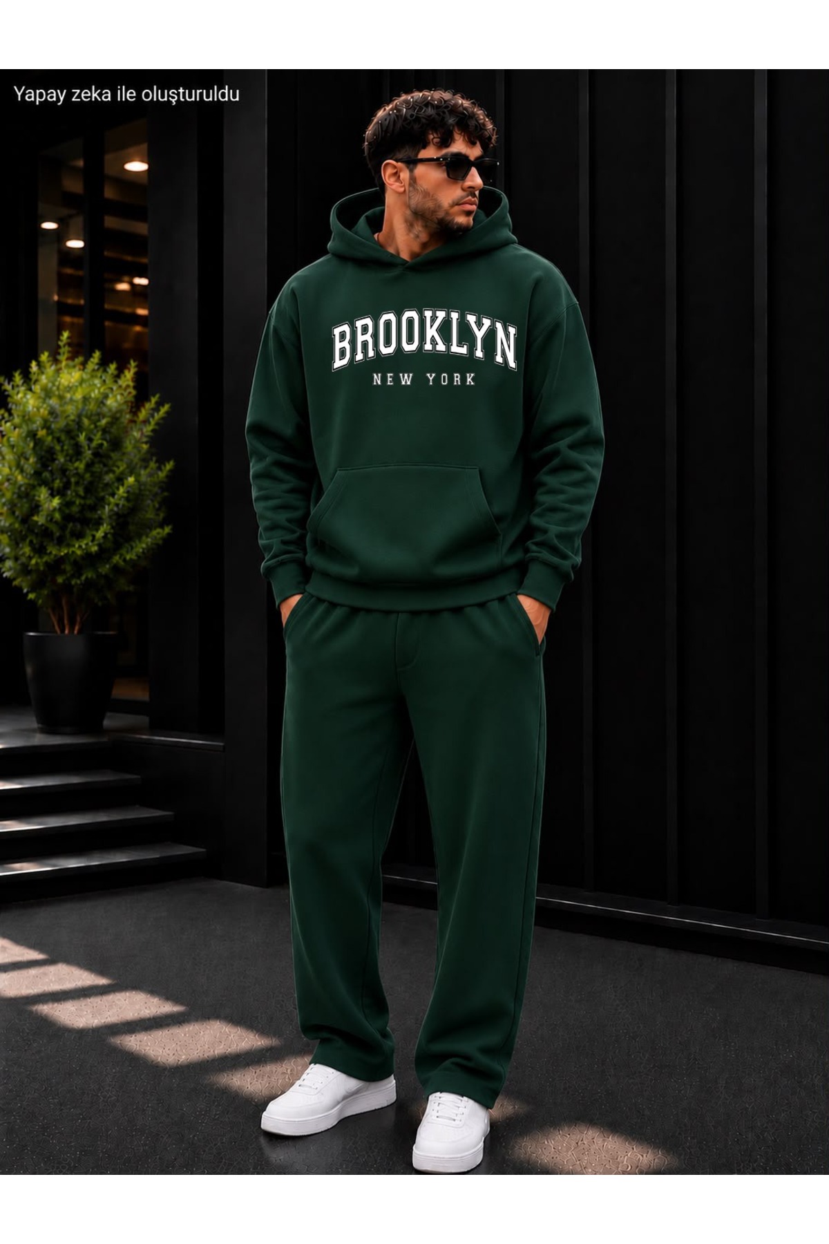 Erkek Brooklyn New York Baskılı Siyah Oversize Kapüşonlu Eşofman Takımı — سبز Broklyn
