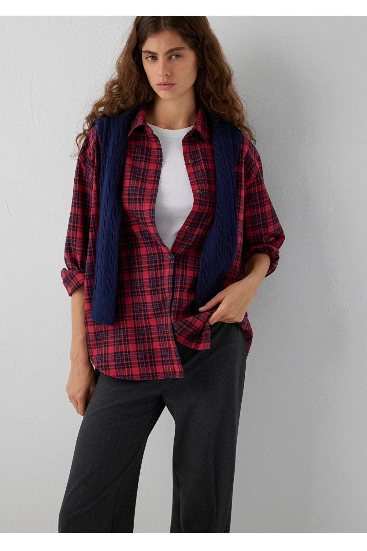 Mavi kareli loose fit (bol rahat kesim) tok kumaş kadın gömlek — قرمز 1235809754863(özse giyim)