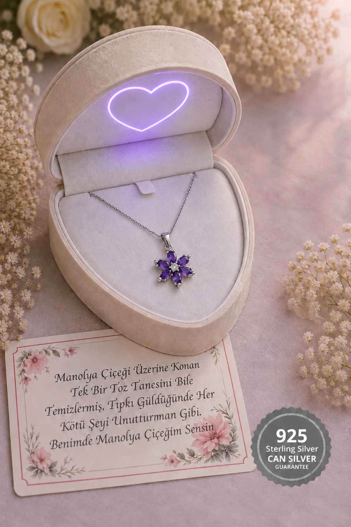 CAN SİLVER 925 Ayar Gümüş Ametist Taşlı Manolya Çiçeği Gümüş Kadın Kolye-Anneler Günü Hediyesi Şans ve Bereket Kolyesi