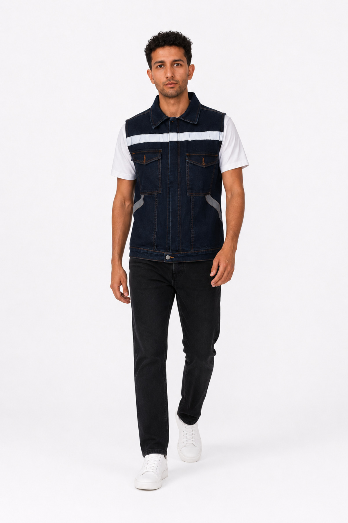 ORANGECAT Erkek Lacivert Reflektör Şeritli Fermuarlı Çok Cepli Denim İş Yeleği görsel 5