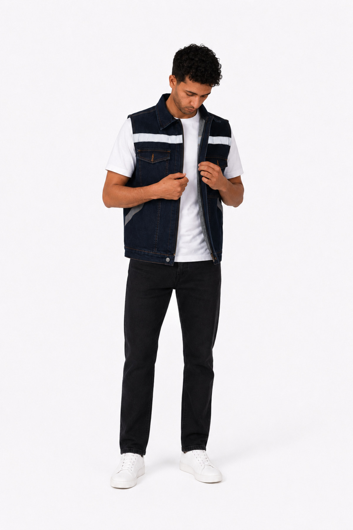ORANGECAT Erkek Lacivert Reflektör Şeritli Fermuarlı Çok Cepli Denim İş Yeleği görsel 6