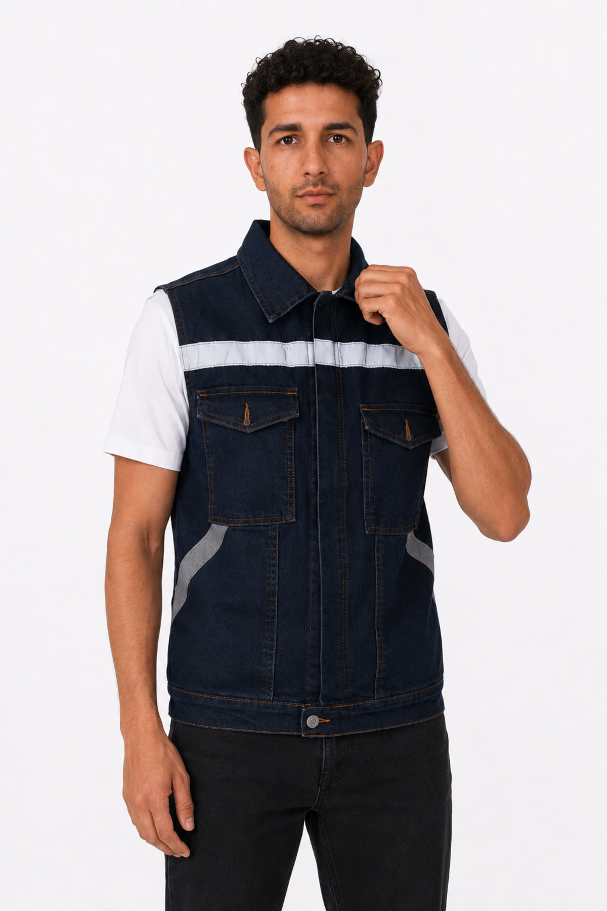 ORANGECAT Erkek Lacivert Reflektör Şeritli Fermuarlı Çok Cepli Denim İş Yeleği