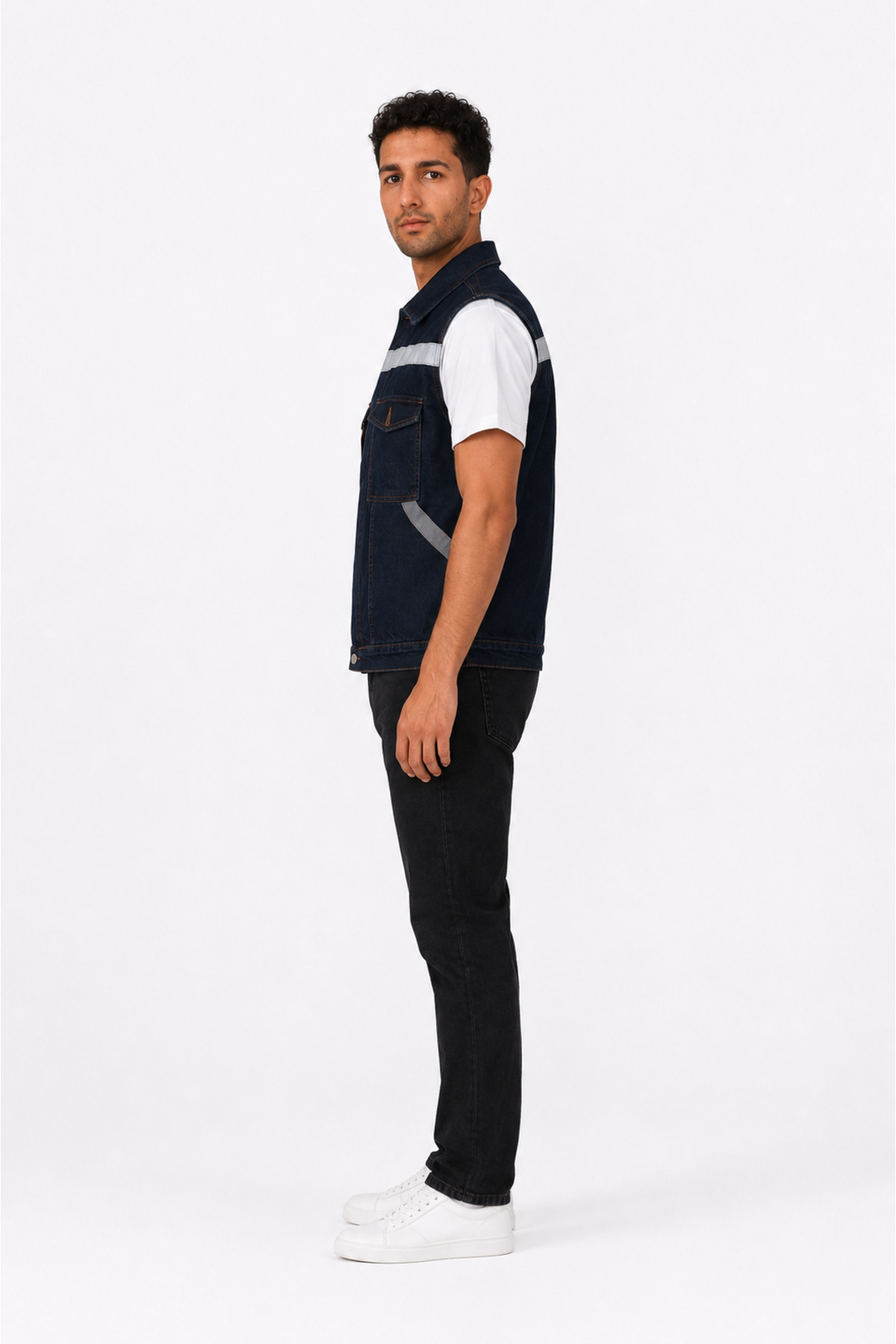 ORANGECAT Erkek Lacivert Reflektör Şeritli Fermuarlı Çok Cepli Denim İş Yeleği görsel 4