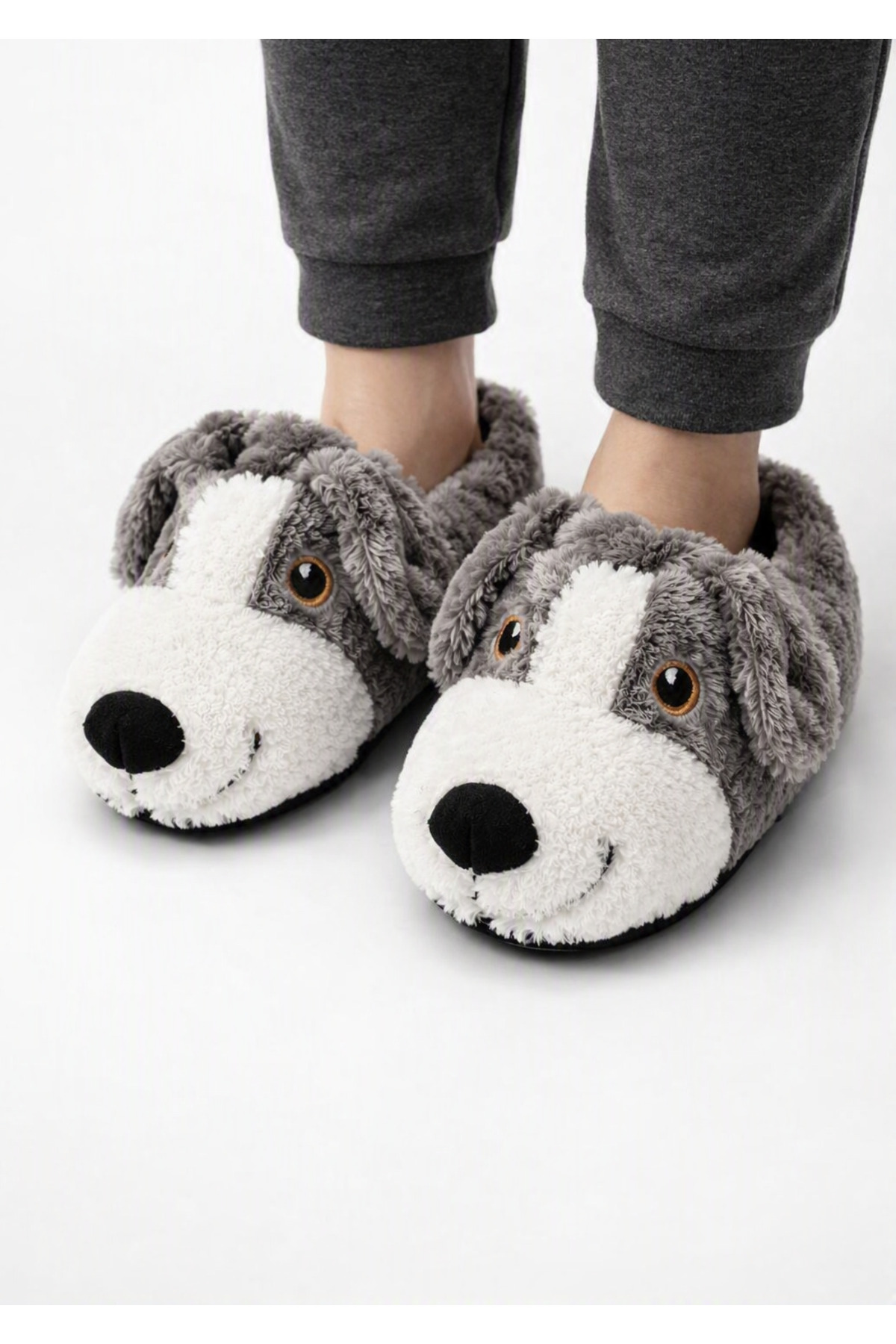 LİNA SOLE ERKEK PANDUF GRİ KÖPEKLİ PELUŞ KIŞLIK HOMEWEAR görsel 2