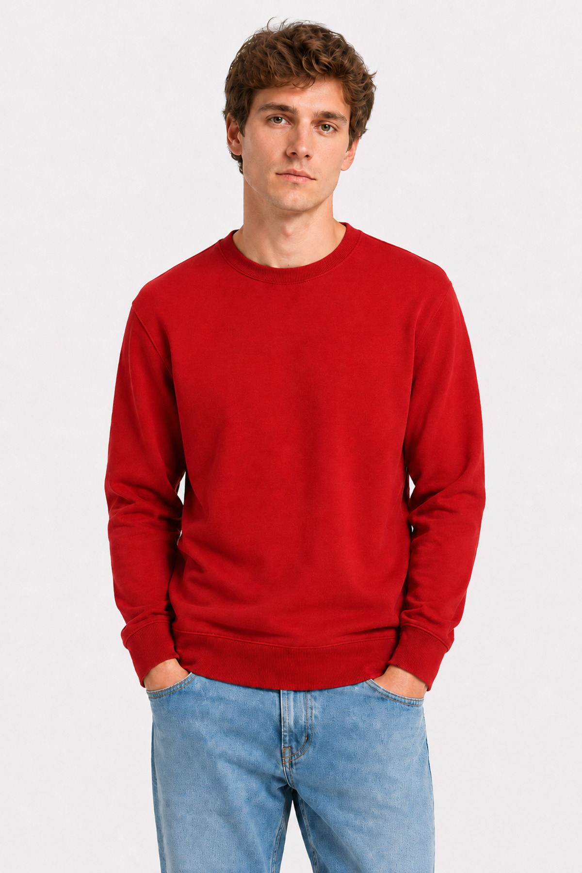 Unisex Kırmızı Bisiklet Yaka Uzun Kollu Basic Sweatshirt Kırmızı · Fotoğraf 5