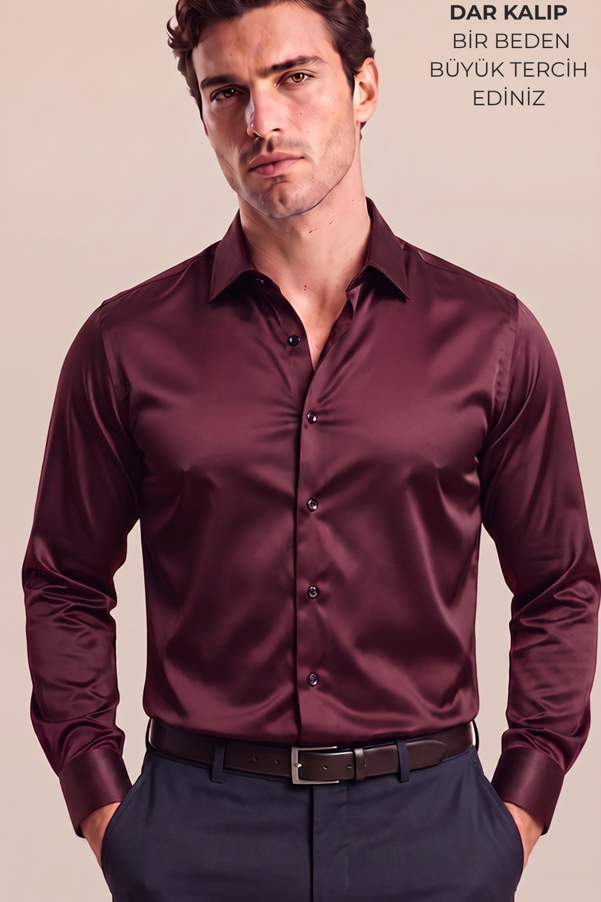 Erkek Slim Fit Klasik Saten Gömlek Uzun Kollu Modern Kesim — زرشکی CPH-3-183293