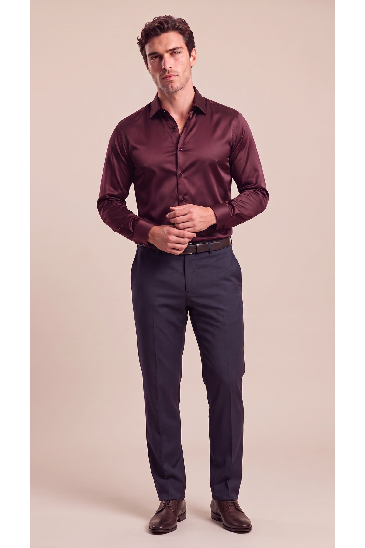 Erkek Slim Fit Klasik Saten Gömlek Uzun Kollu Modern Kesim — زرشکی CPH-3-183293 — تصویر 3 از 3