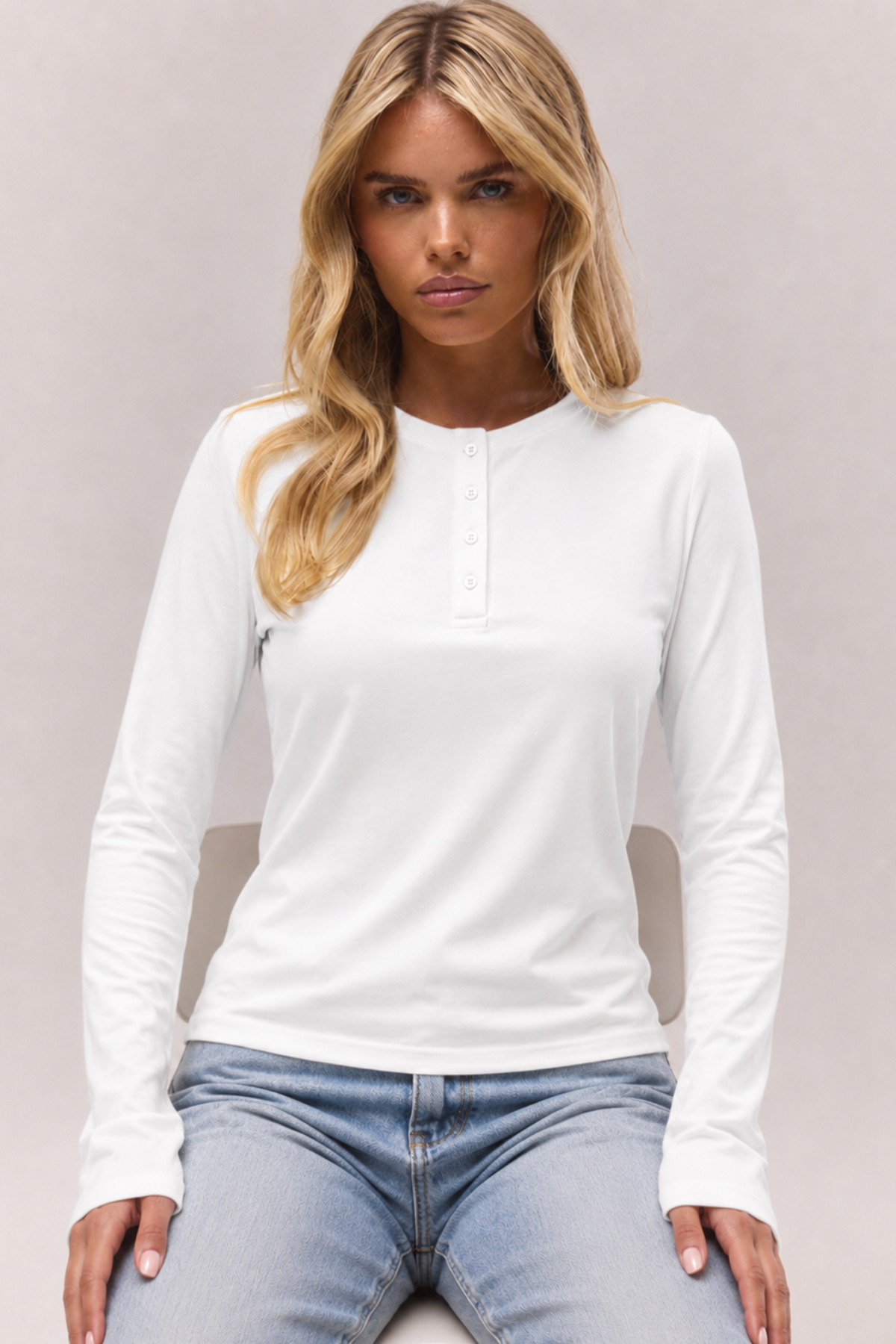 Tarz Cool Kadın Düğmeli Bisiklet Yaka Uzun Kollu Slim Fit Pamuklu Tişört görsel 2